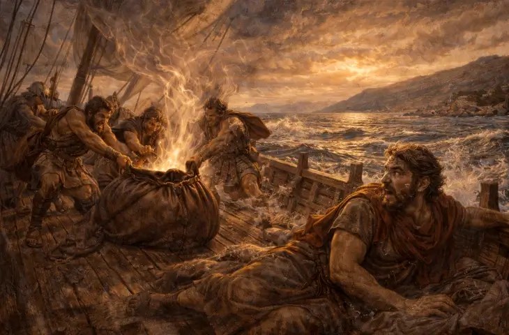 Aiolos’un Odysseus’a emanet ettiği rüzgar tulumunun gemide açılmasını betimleyen mitolojik sahne; fırtına patlarken şaşkın denizciler ve savrulan gemi görülüyor.